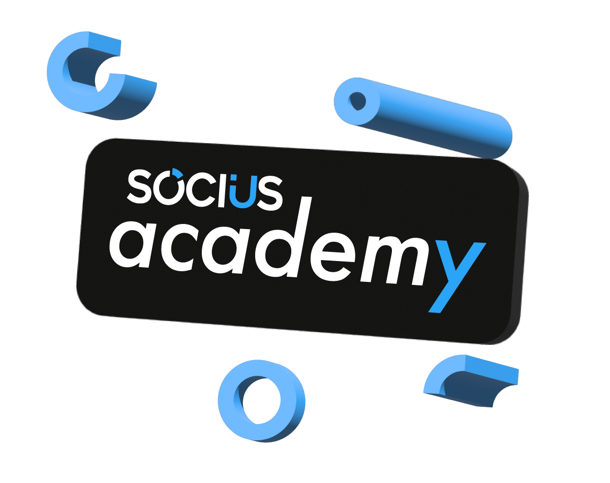 Logotipo de Socius Academy con elementos flotantes en 3D en azul y gris sobre fondo negro.